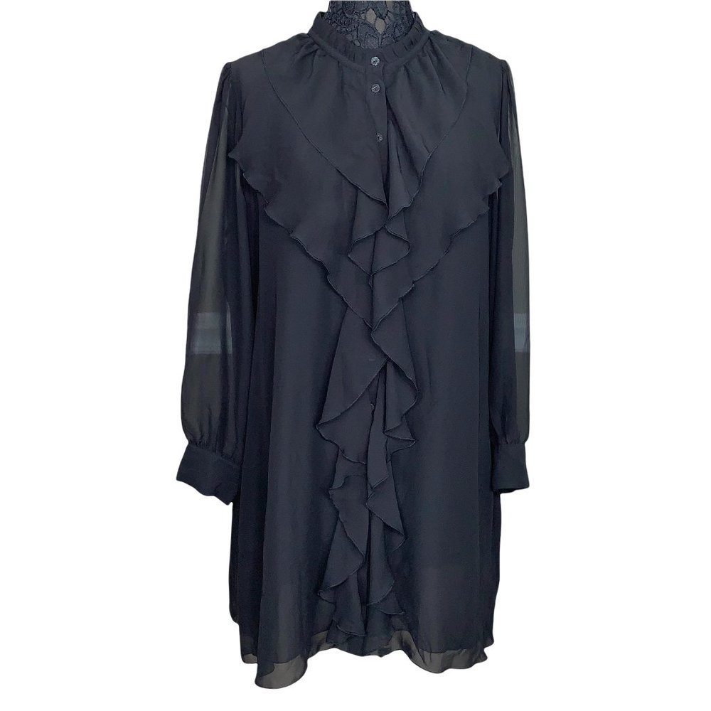 Dialogue Black Poet Ruffle Girly Sheer Button Down Dress Tunic Top Size 1X